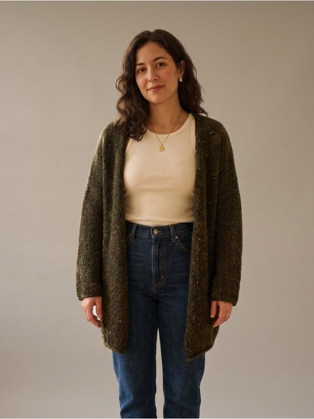 Eskandar Sz M Wool Cashmere Green Knit Relaxed Open Front Cardigan Sweater